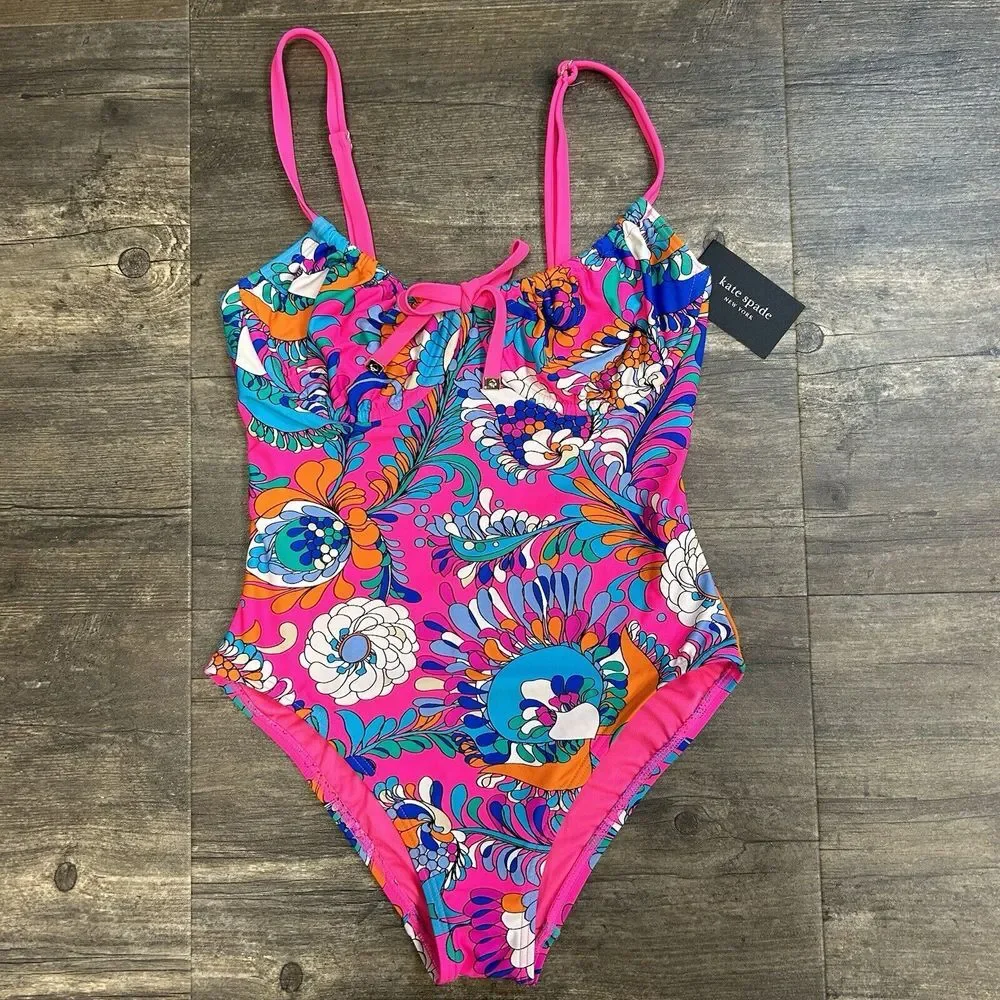 NWT Kate Spade Cinch Front Underwire One Piece Swimsuit Size S Radiant Pink (135